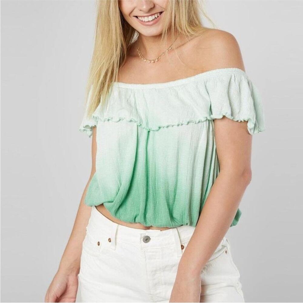 Free People Cora Lee Green and White Off the Shoulder Ombré Top, EUC, Medium